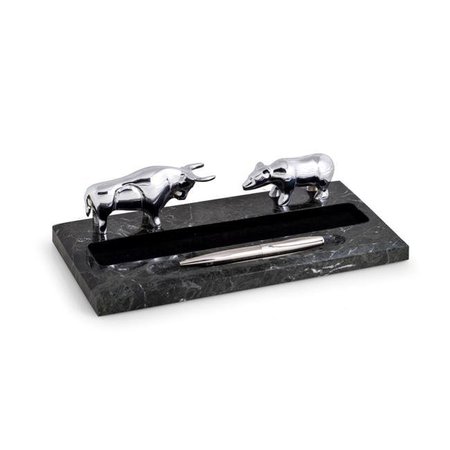 BEY BERK INTERNATIONAL Bey-Berk International R22X Zebra Marble Desk Top Pen Holder with Silver Plated Bull & Bear; Black R22X